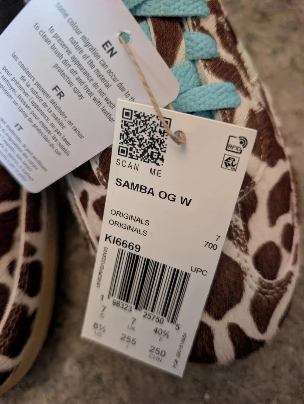 adidas Samba OG Giraffe Print Sneakers - Brown, White & Light Blue Size 8.5